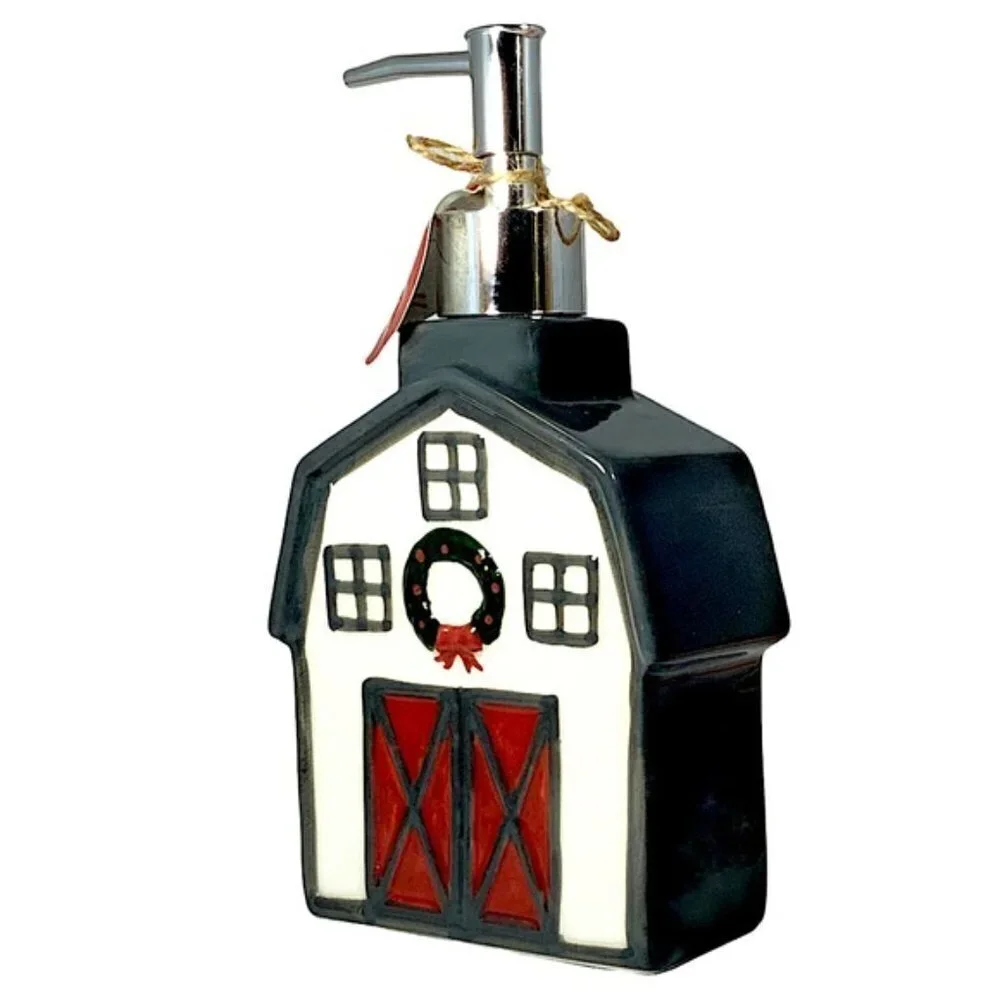 Christmas Barn Soap Lotion Dispenser Ceramic Hand Painted Gift Grey Wreath Re…